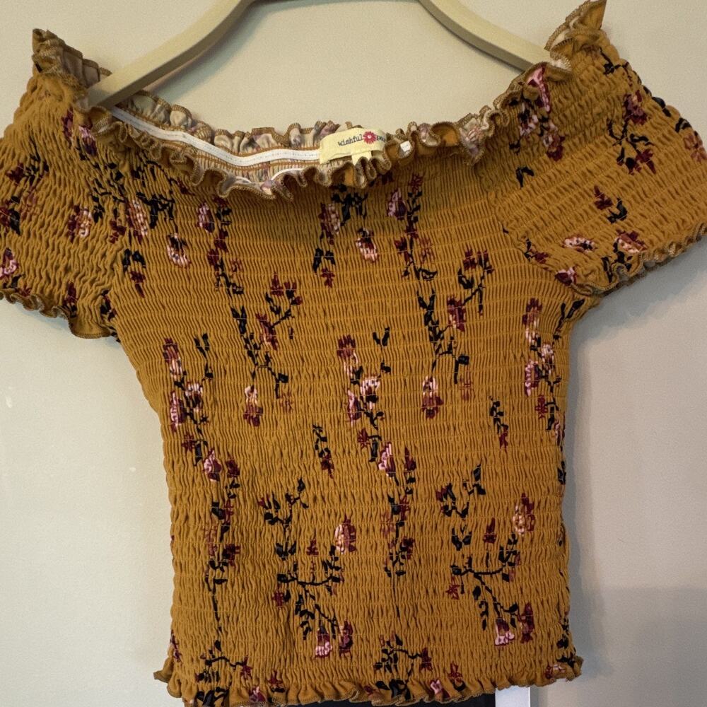 Y2K Wishful Park Women's L Brown Floral Smocked Ruffle Short Sleeve Top LARGE